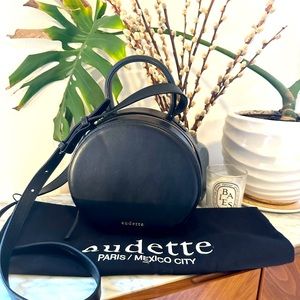 Audette Le Coffret Adjustable Black Leather Circle Crossbody or Shoulder Bag